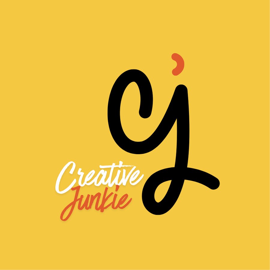 Creative Junkie logo in yellow: black doodle with white and orange lettering